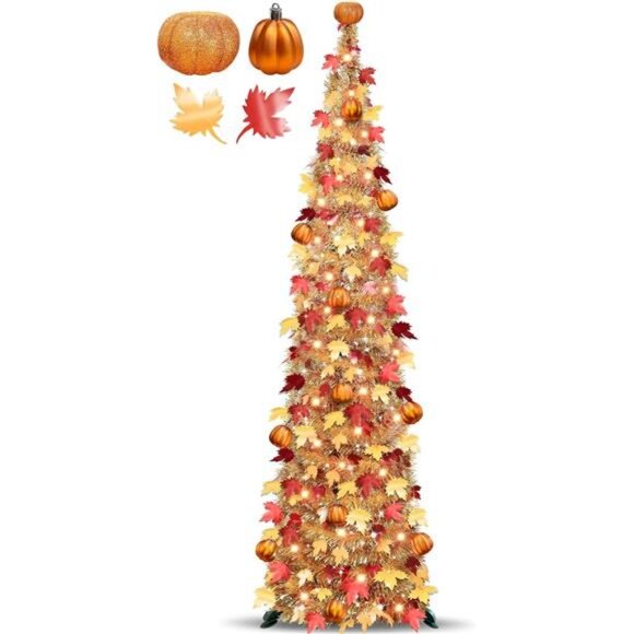 5 FT Fall Tree Fall Decor, Pop Up Tinsel Maples Tree with Timer 50 Warm White - Picture 1 of 7
